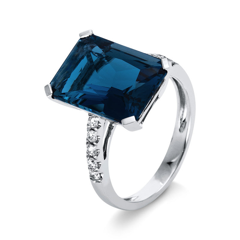 Ring mit Blautopas  aus 750/-18 Karat Weißgold mit 10 Diamanten 0