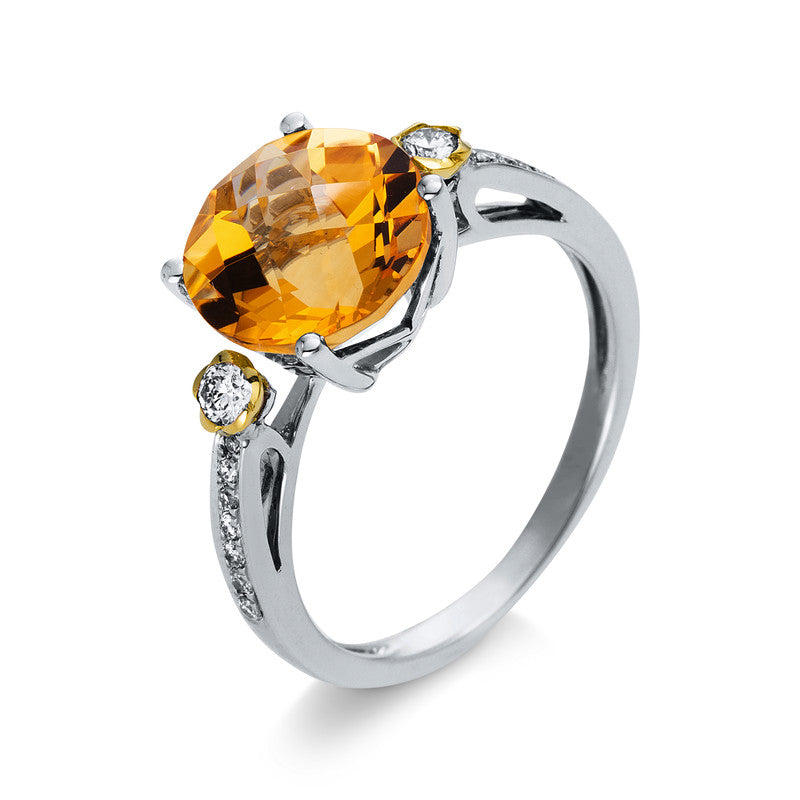 Ring mit Citrin  aus 750/-18 Karat Weißgold / Gelbgold mit 16 Diamanten 0