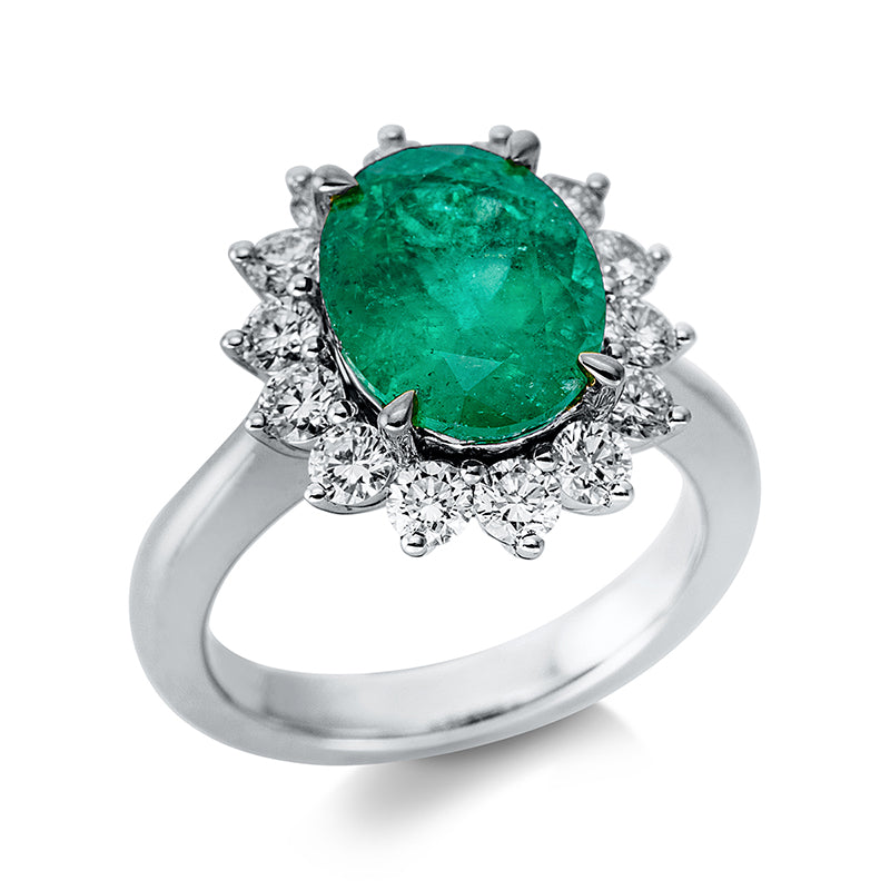 Ring mit Smaragd  aus 750/-18 Karat Weißgold / Gelbgold mit 14 Diamanten 1