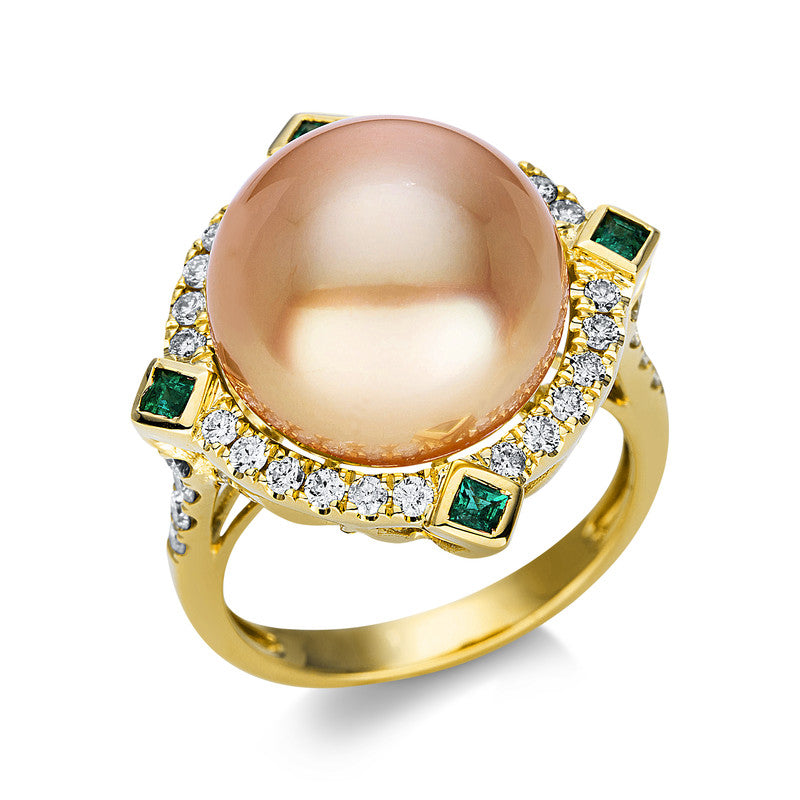Ring mit Smaragd mit Südseeperl aus 750/-18 Karat Gelbgold mit 36 Diamanten 0