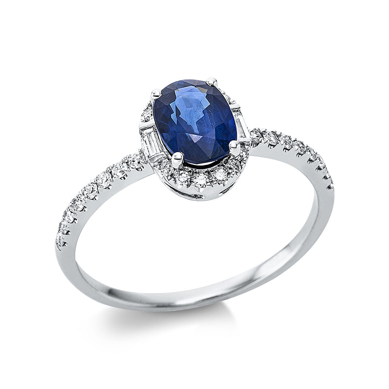 Ring mit Saphir  aus 750/-18 Karat Weißgold mit 30 Diamanten 0