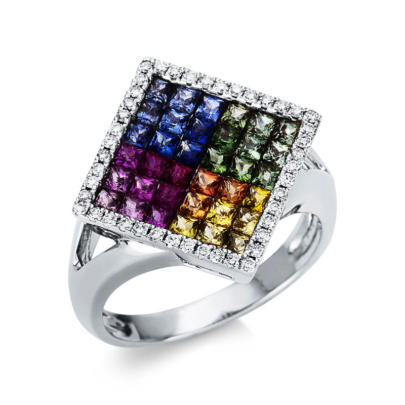Ring mit Saphir  aus 750/-18 Karat Weißgold mit 44 Diamanten 0