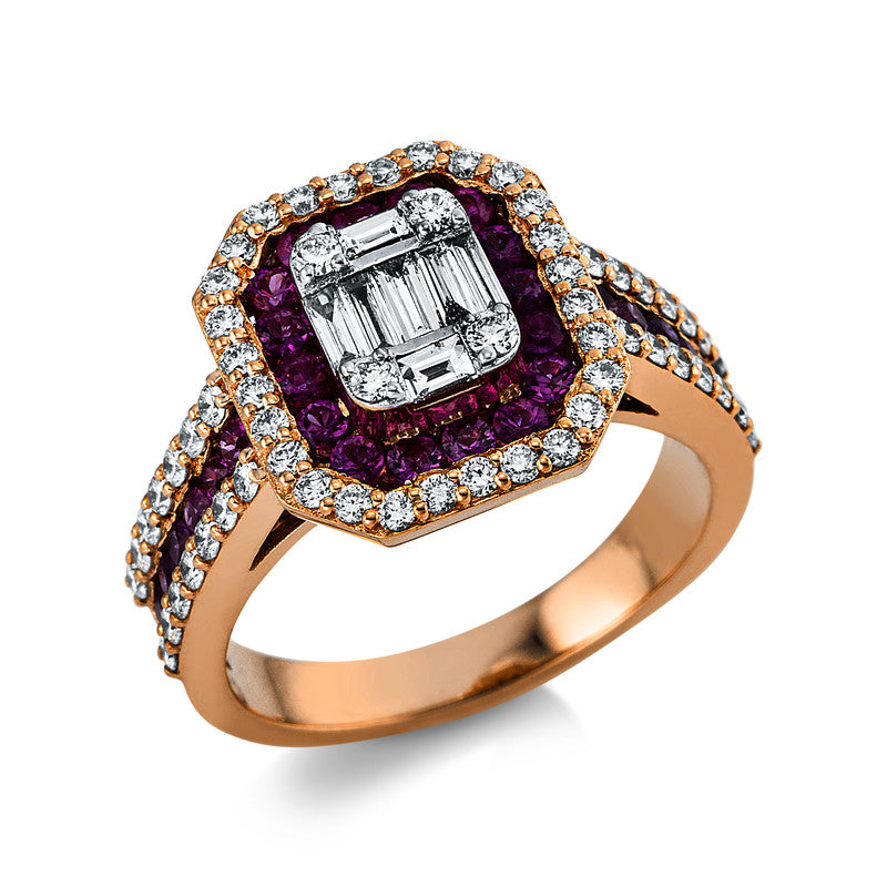 Ring mit Rubin  aus 750/-18 Karat Rotgold mit 65 Diamanten 0