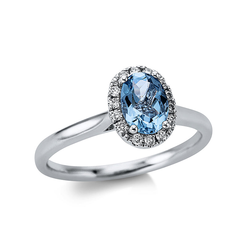 Ring mit Aquamarin  aus 750/-18 Karat Weißgold mit 14 Diamanten 0