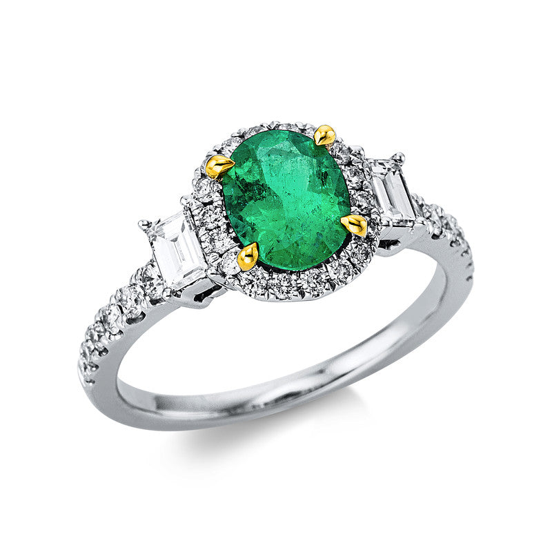 Ring mit Smaragd  aus 750/-18 Karat Weißgold / Gelbgold mit 32 Diamanten 0