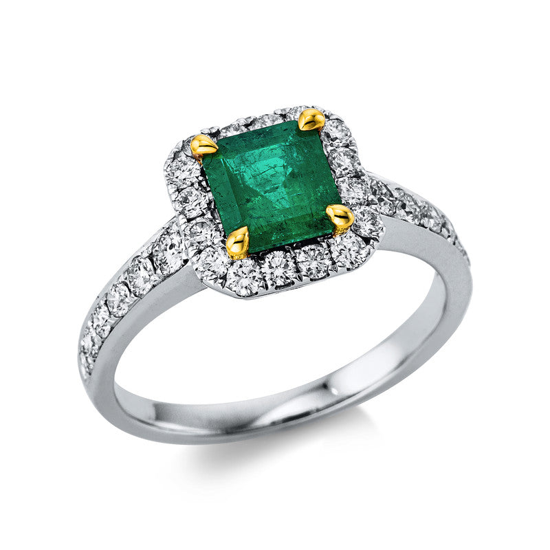Ring mit Smaragd  aus 750/-18 Karat Weißgold / Gelbgold mit 28 Diamanten 0