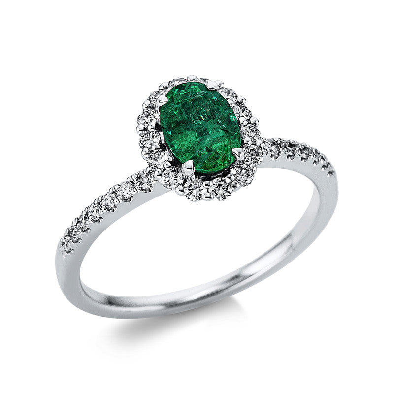 Ring mit Smaragd  aus 585/-14 Karat Weißgold mit 28 Diamanten 0