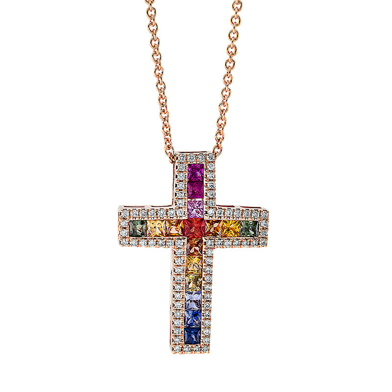 Collier - Kreuz aus Gold mit Diamanten mit Saphir, Kreuz-Symbol, mit ZÖ 40 cm - 4K895